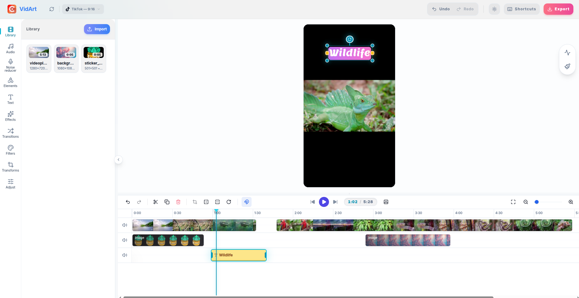 VidArt video editor editing a portrait video for TikTok and Reels